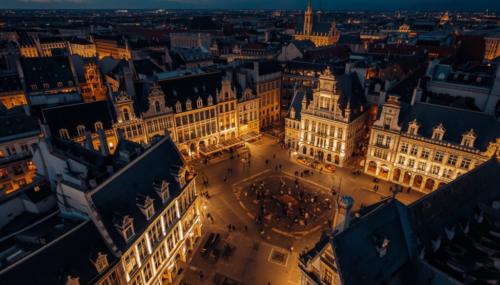 Vista da Grand Place de Bruxelas iluminada à noite, centro histórico da capital belga onde muitos brasileiros trabalham