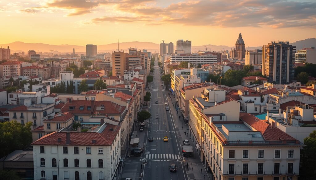 Vista urbana de Tirana, Albânia, destacando ruas e infraestrutura para quem planeja trabalhar na cidade.