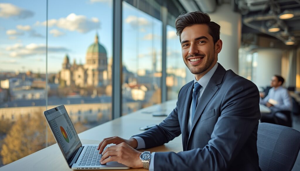 como trabalhar na Áustria sendo brasileiro Brasileiro trabalhando na Áustria em escritório moderno em Viena com vista para a cidade — guia completo 2026 sobre visto de trabalho e emprego na Áustria