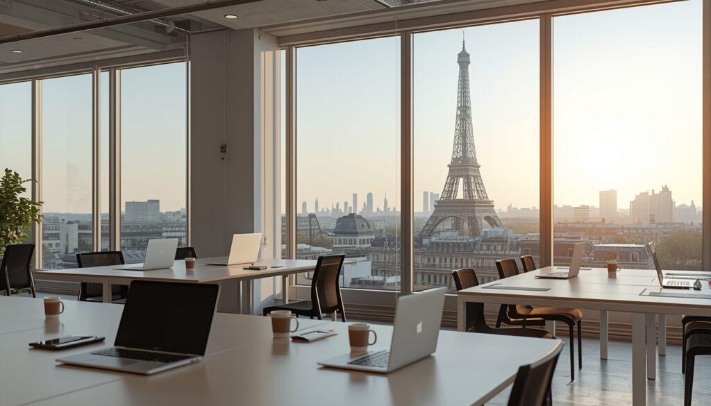 trabalhar na França sendo brasileiro Profissional brasileiro trabalhando em escritório moderno em Paris com a Torre Eiffel visível ao fundo representando oportunidades de carreira na França