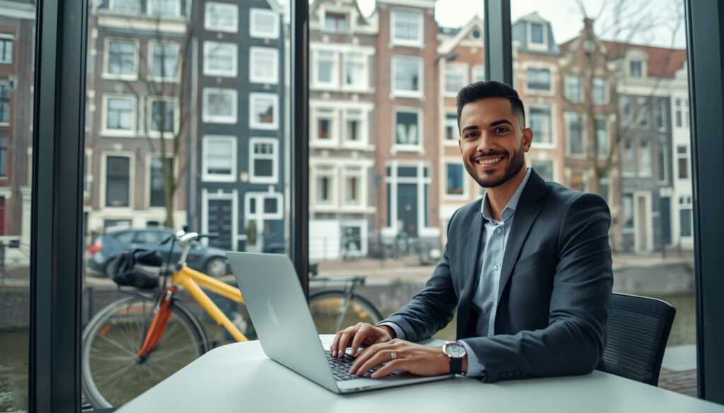 Profissional brasileiro trabalhando em escritório moderno em Amsterdam com vista para os canais históricos da cidade