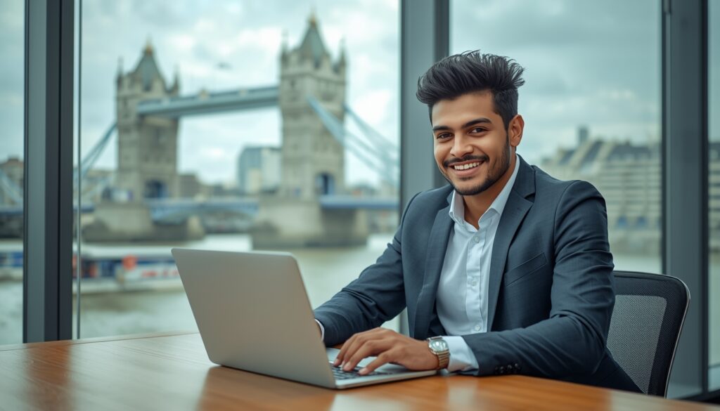 🇬🇧 Trabalhar na Inglaterra Sendo Brasileiro: Guia Completo 2026 (Visto, Salário e Oportunidades) Brasileiro trabalhando em escritório moderno em Londres, Inglaterra, com a Tower Bridge ao fundo pela janela