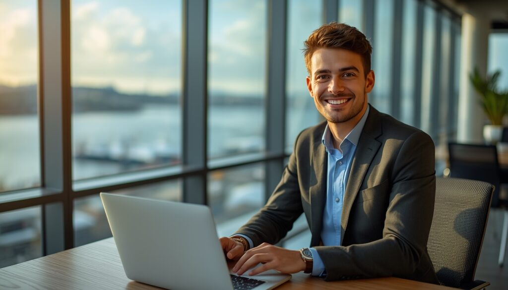 trabalhar na Noruega sendo brasileiro Profissional brasileiro trabalhando em escritório moderno em Oslo com vista para o fiordo norueguês — guia completo 2026 sobre visto de trabalho, salários e oportunidades na Noruega
