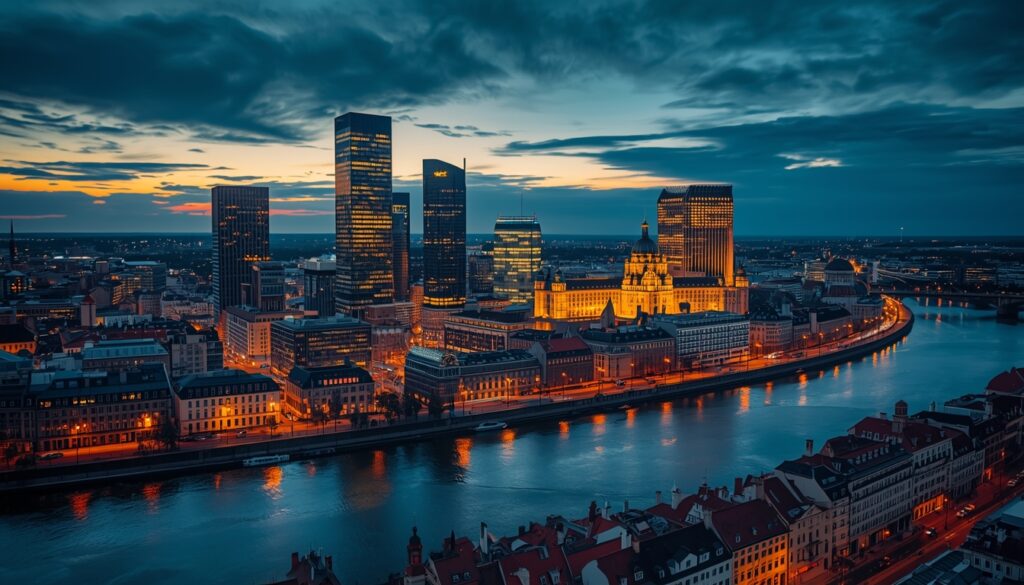 Skyline moderno de Varsóvia ao entardecer — oportunidades de trabalho na Polônia para brasileiros em 2026