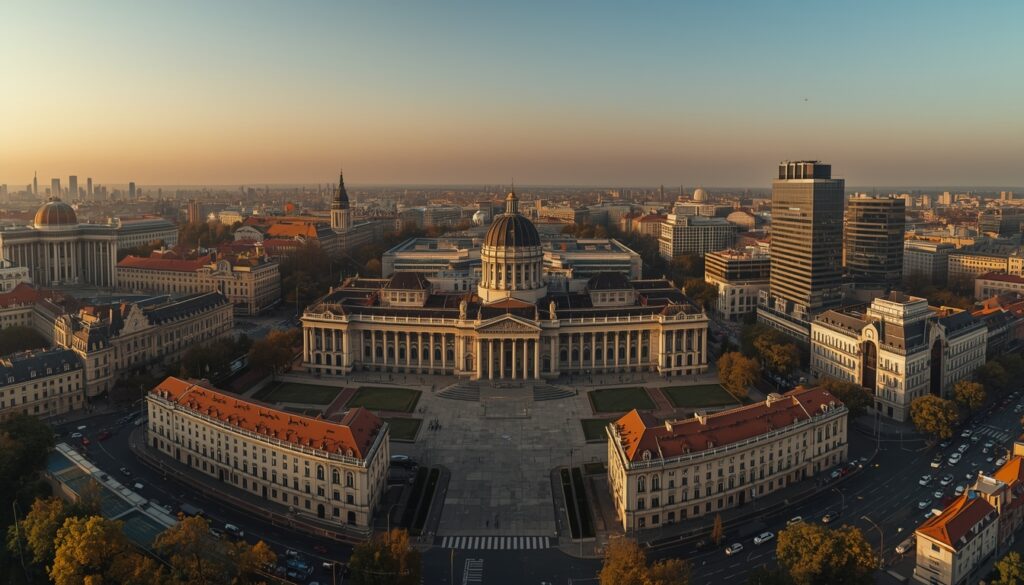 Vista do centro de Bucareste com mistura de arquitetura histórica e moderna — trabalhar na Romênia em 2026