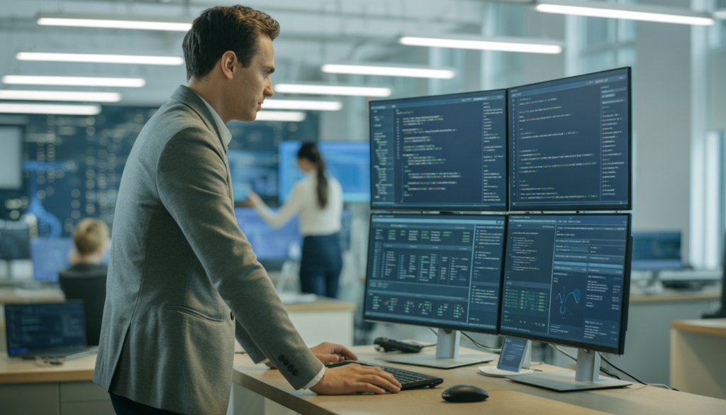 Desenvolvedor de software brasileiro trabalhando em escritório moderno em Varsóvia — mercado de TI na Polônia 2026