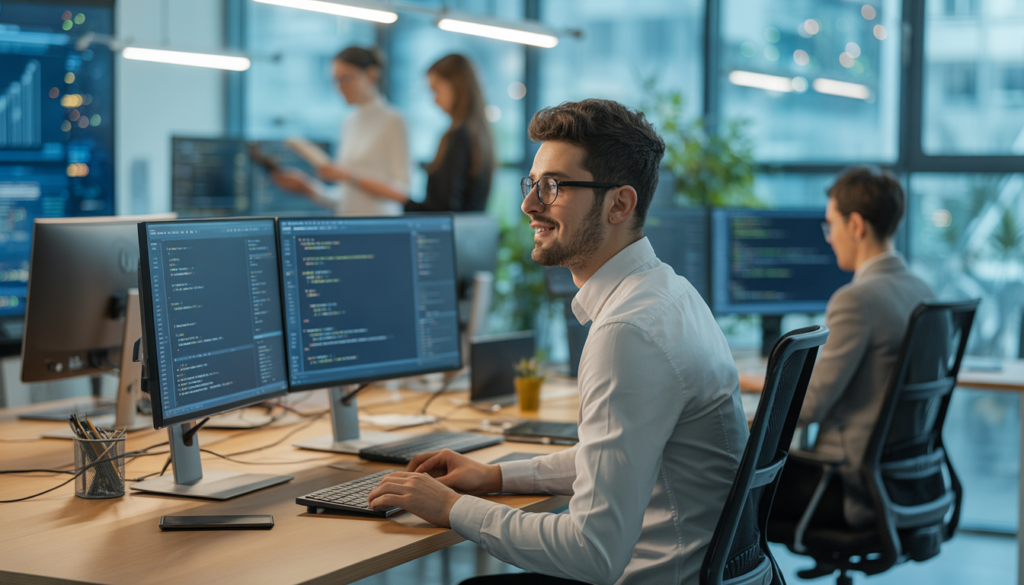 Desenvolvedor de software trabalhando em escritório moderno em Bucareste — mercado de TI na Romênia 2026