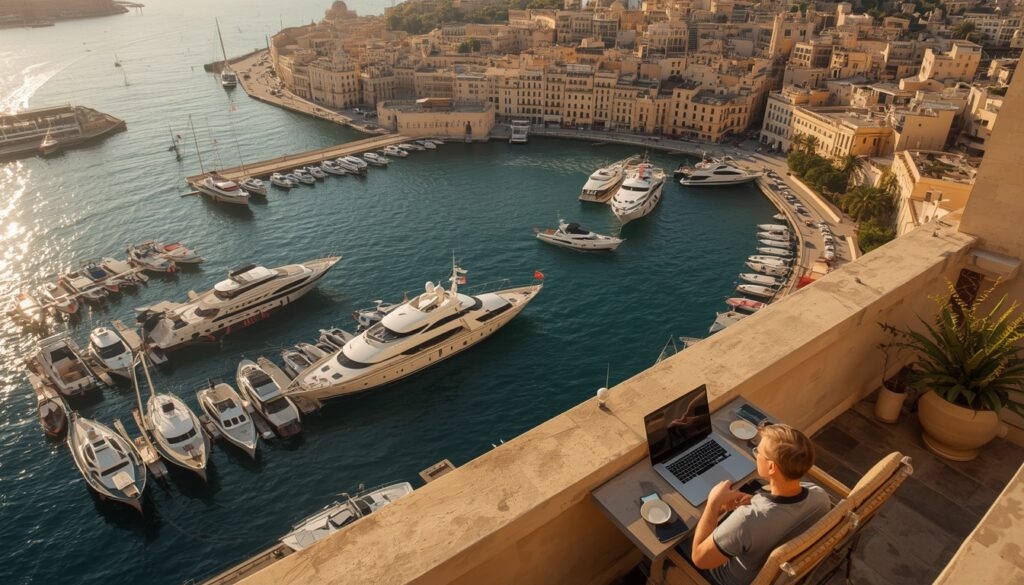 Vista aérea do Grand Harbour em Valletta Malta com pessoa trabalhando em laptop em terraço com barcos tradicionais malteses ao fundo