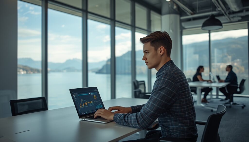 Profissional trabalhando em escritório moderno em Zurique, Suíça, representando oportunidades de trabalho para brasileiros em 2026