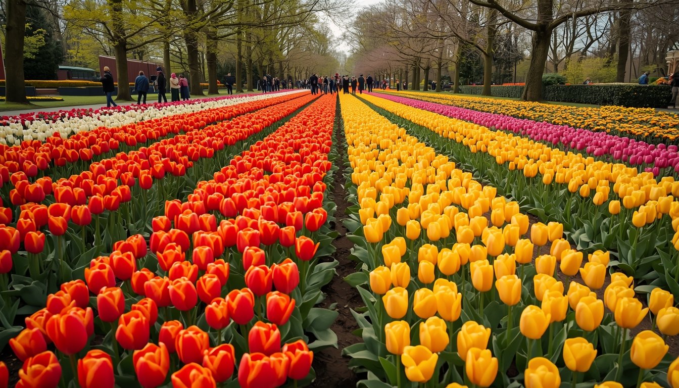 Vida prática e turismo na Holanda: primavera em Keukenhof Campo de tulipas em Keukenhof, Holanda, na primavera de 2026