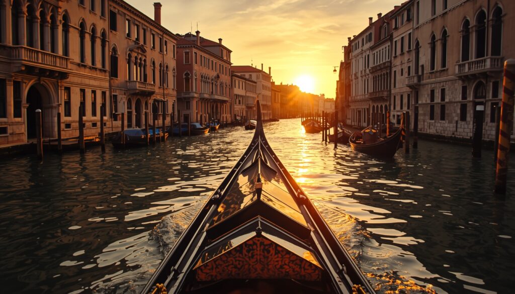 Passeio de gôndola pelo Grande Canal de Veneza ao entardecer com os palácios renascentistas refletidos na água