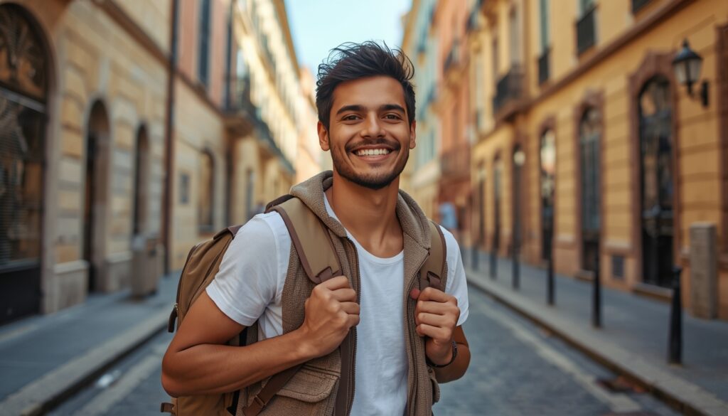 Viajante brasileiro em cidade europeia com mochila — seguro viagem barato Europa 2026