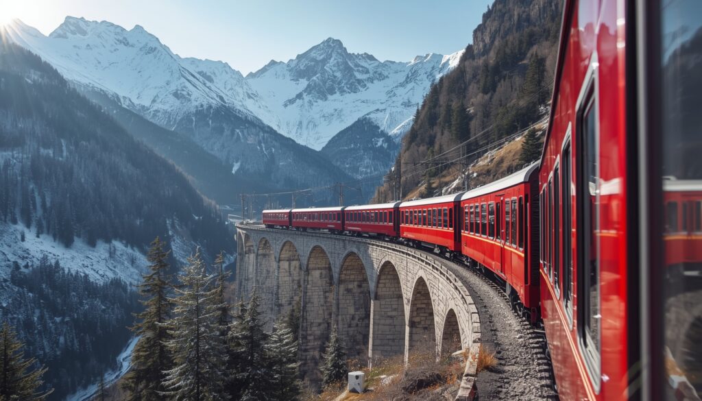 Viajar de trem na Suíça 2026 — Glacier Express vermelho atravessando viaduto nos Alpes com neve