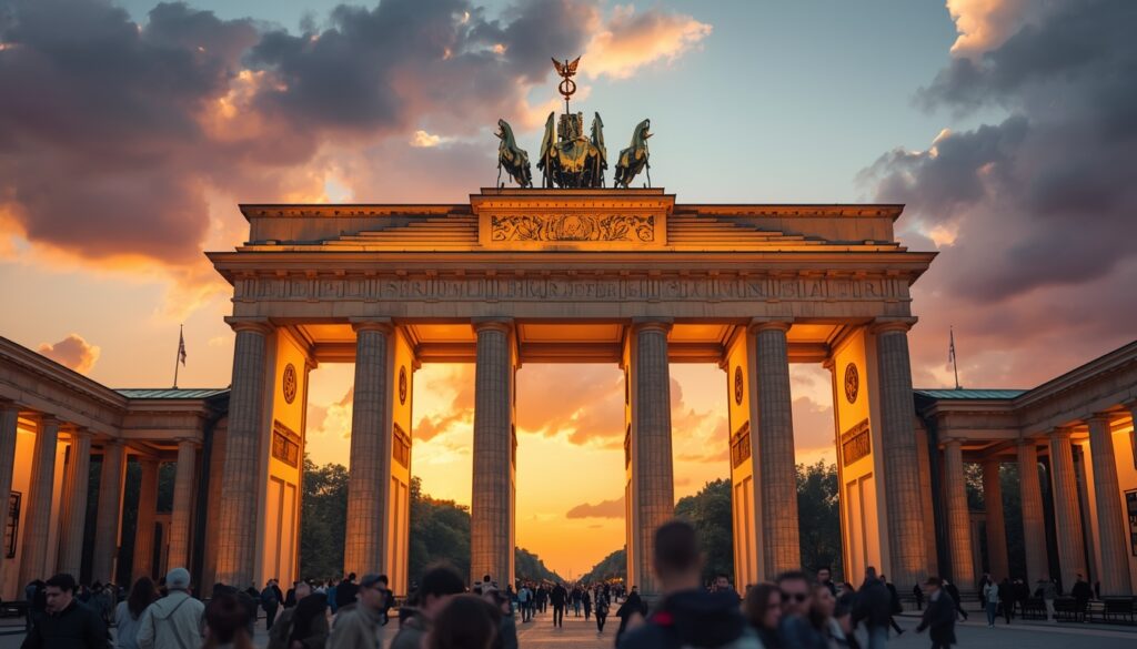 viajar para a Alemanha Portão de Brandemburgo iluminado ao entardecer em Berlim — símbolo da reunificação alemã e ponto de partida ideal para qualquer roteiro de viagem para a Alemanha em 2026