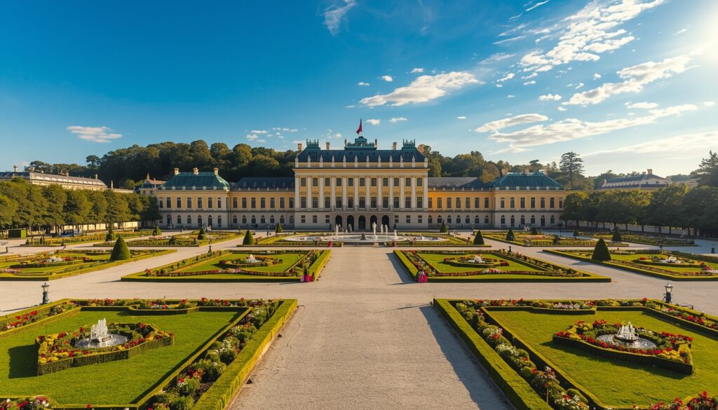 Palácio de Schönbrunn em Viena, Áustria, com jardins imperiais e céu azul ao fundo — destino turístico imperdível para brasileiros