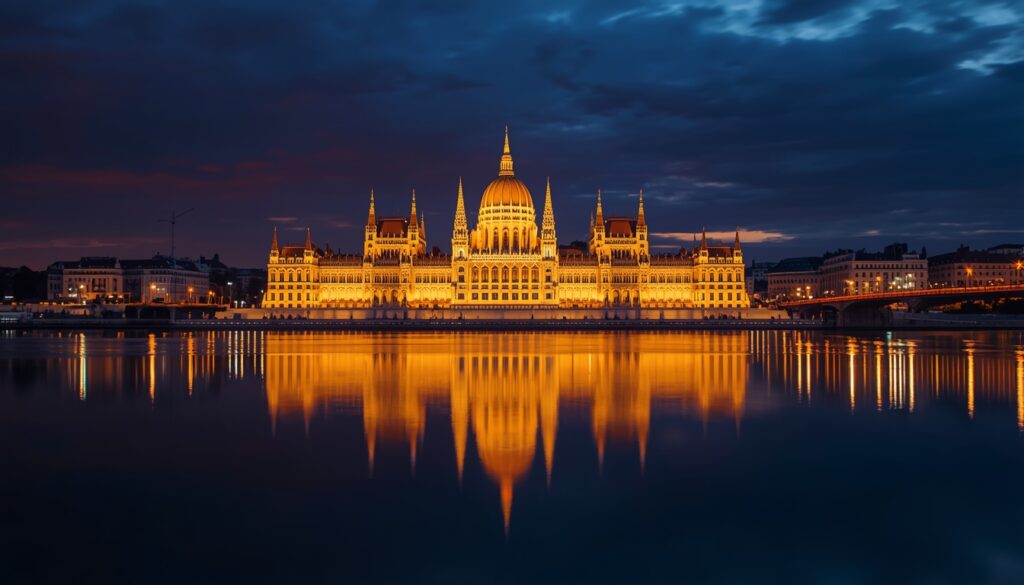 Parlamento da Hungria iluminado à noite refletido no Rio Danúbio em Budapeste em 2026