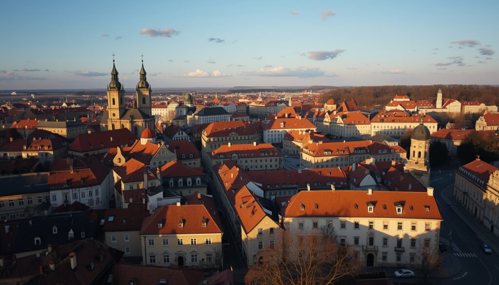 Vista panorâmica da Cidade Velha de Vilnius, Lituânia, com igrejas barrocas e telhados medievais em 2026