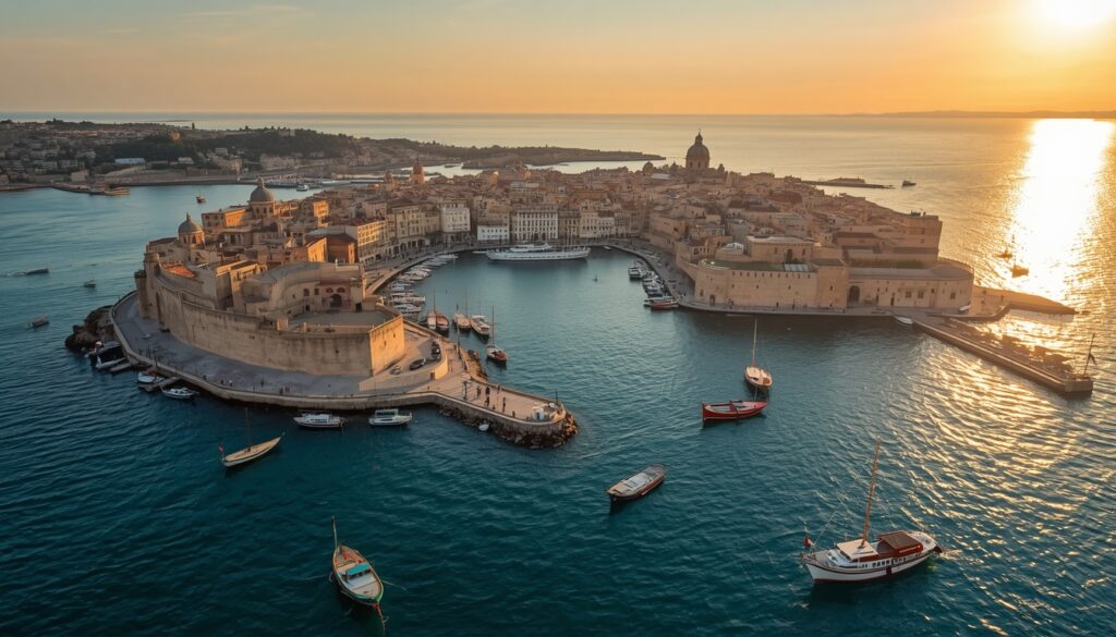  Vista panorâmica do Grand Harbour em Valletta, capital de Malta, com barcos tradicionais e fortalezas ao fundo — destino imperdível para quem quer viajar para Malta em 2026
