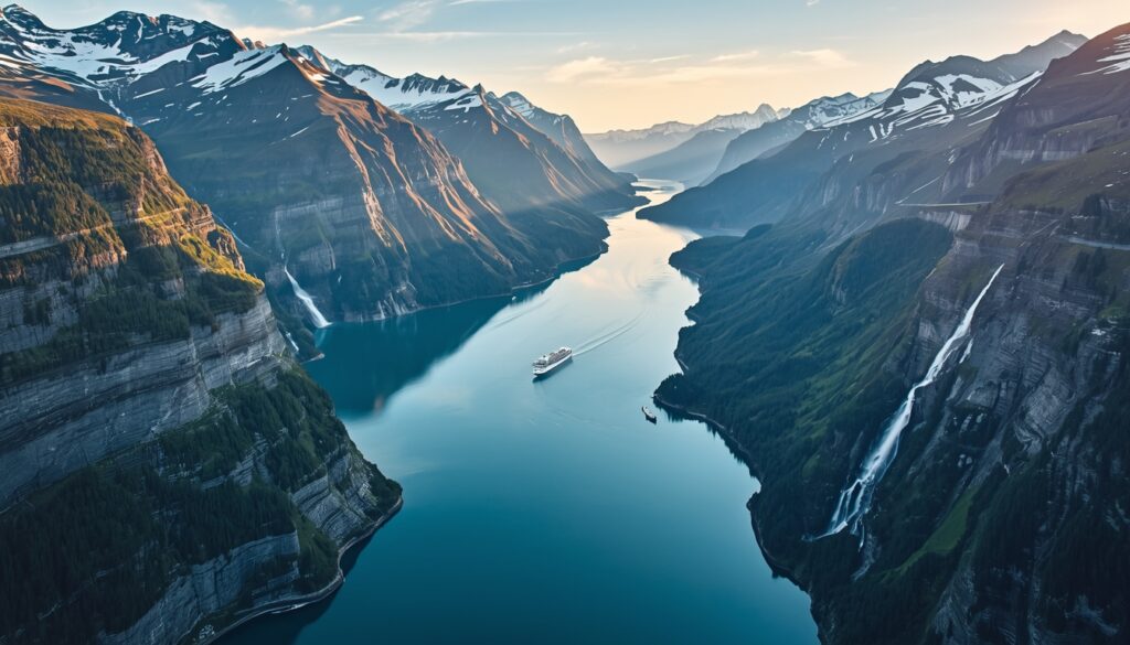 Vista aérea do Geirangerfjord na Noruega com cachoeiras e barco de cruzeiro em 2026