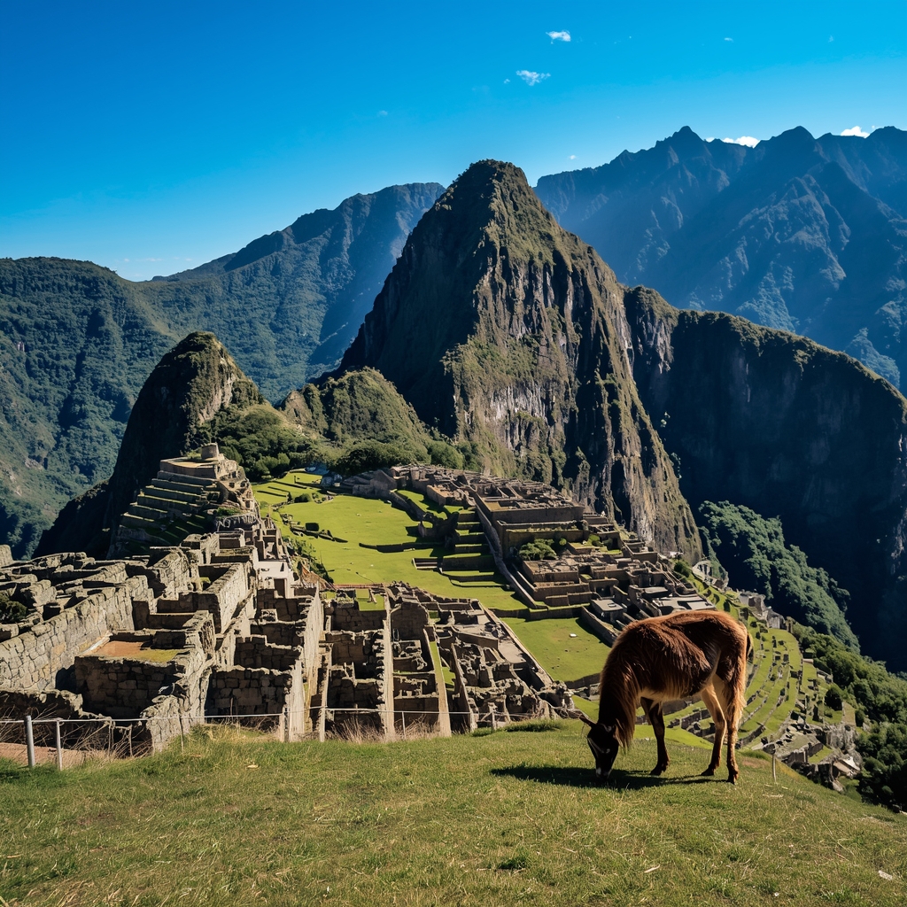 viajar para o peru Vista panorâmica da cidadela de Machu Picchu em um dia ensolarado no Peru.