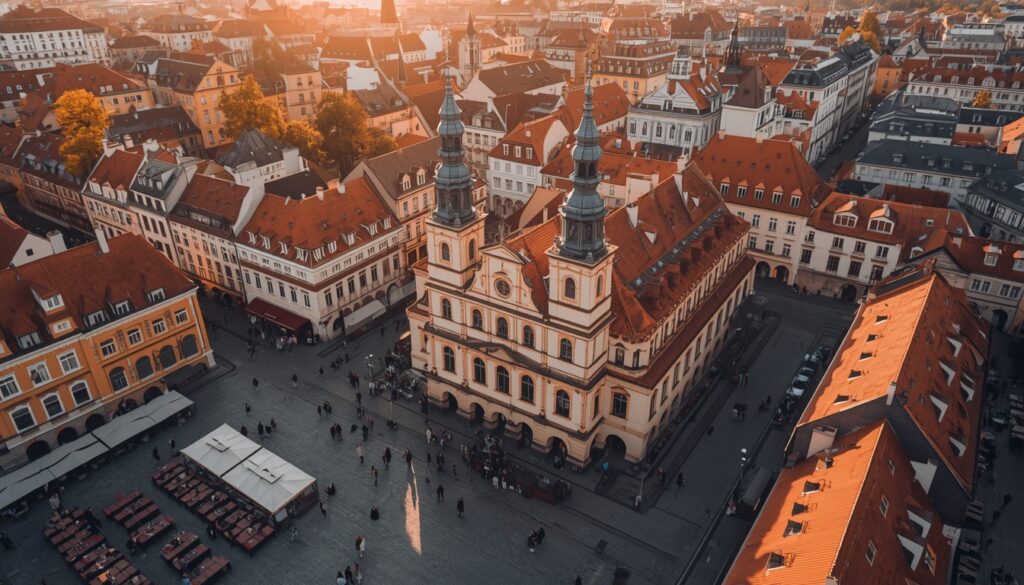 Vista aérea da Praça do Mercado de Cracóvia com o Edifício dos Panos e a Igreja de Santa Maria ao fundo na Polônia em 2026