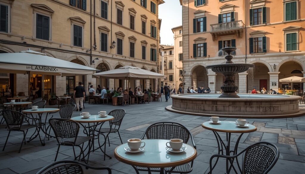 Cena de café da manhã italiano numa piazza histórica com vista para arquitetura renascentista e vida cotidiana local