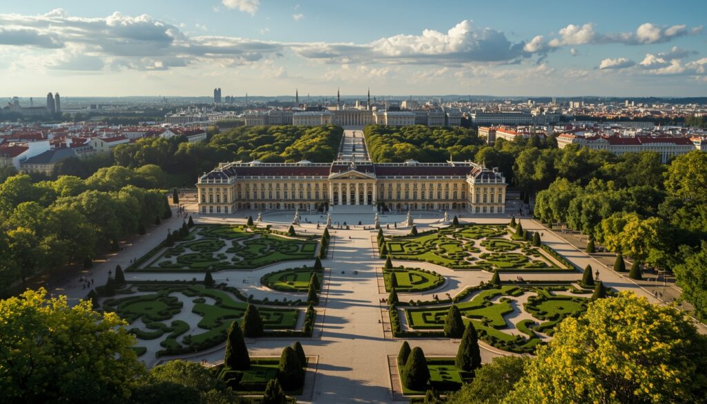 Vista do Palácio de Schönbrunn em Viena Áustria com jardins imperiais e a cidade ao fundo em dia ensolarado