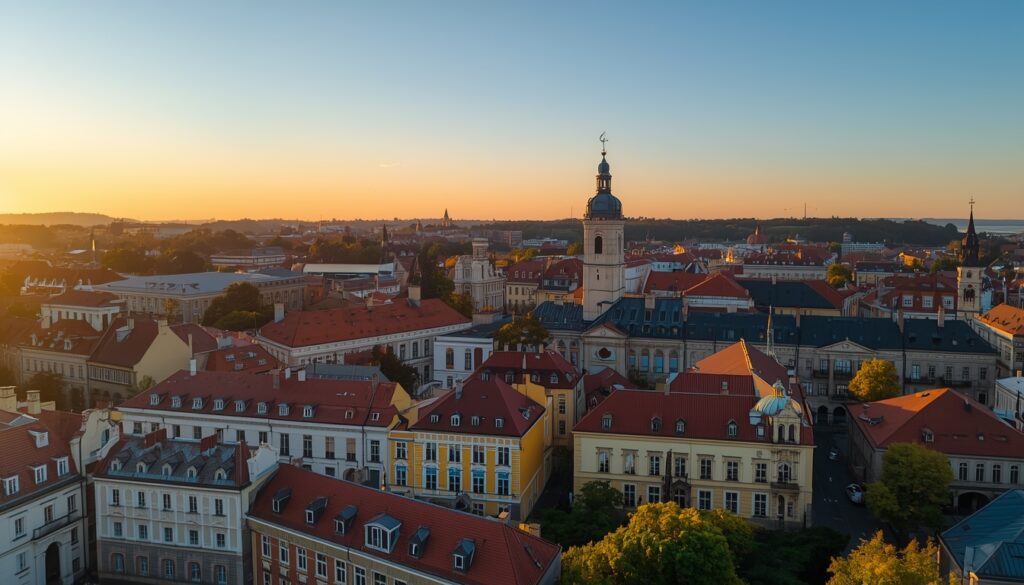 Vista panorâmica de Vilnius, capital da Lituânia, ao pôr do sol, mostrando a Torre de Gediminas e o centro histórico barroco