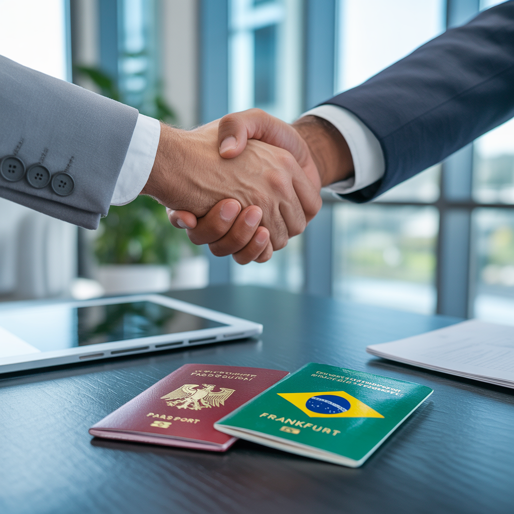 Brasileiro fechando contrato de trabalho na Alemanha, destacando a dupla cidadania.
