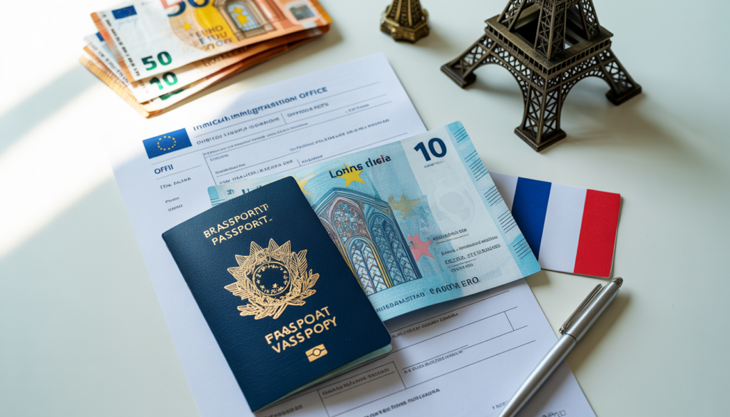 Passaporte brasileiro com visto francês de longa duração, formulário do OFII e documentos para morar na França — guia completo de vistos para brasileiros 2026