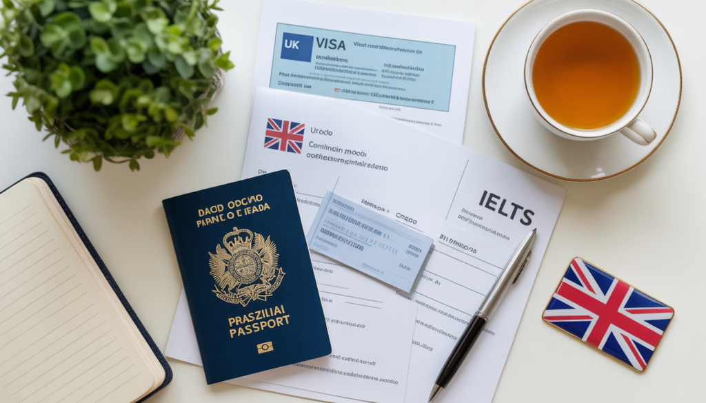 ocumentos necessários para solicitar o visto Skilled Worker para morar na Inglaterra, incluindo passaporte brasileiro e formulários