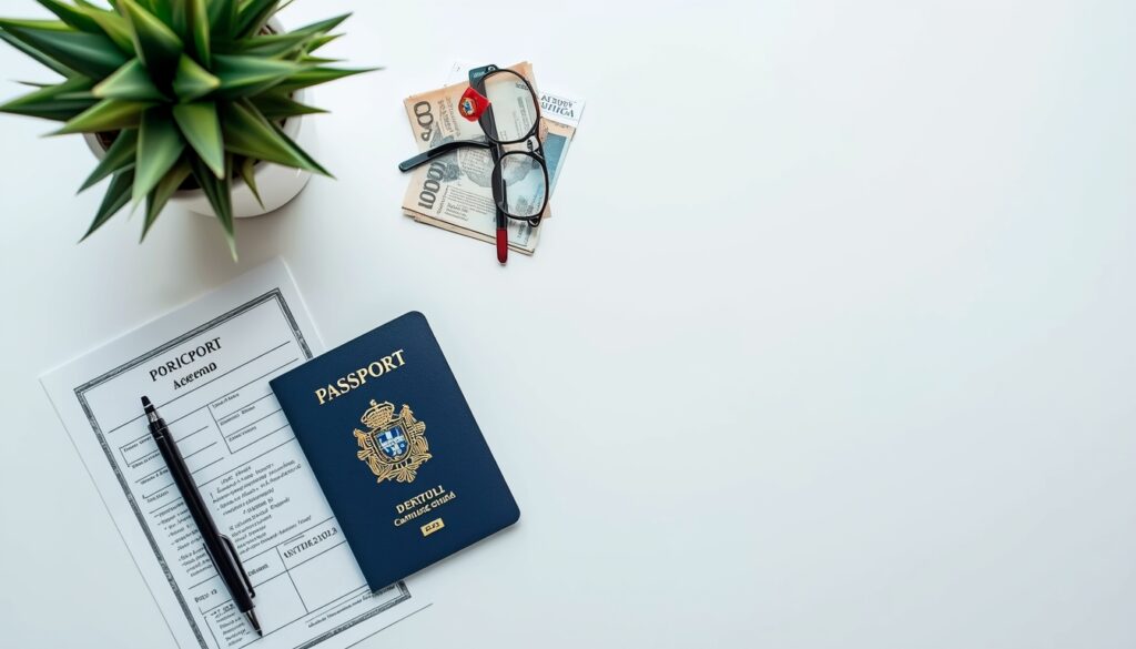 Pessoa organizando documentos apostilados para solicitação de visto D7 para Portugal com passaporte e certidões sobre mesa