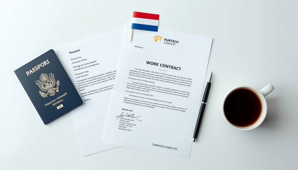 Passaporte brasileiro e documentos do visto Highly Skilled Migrant para trabalhar na Holanda sobre mesa com bandeira holandesa
