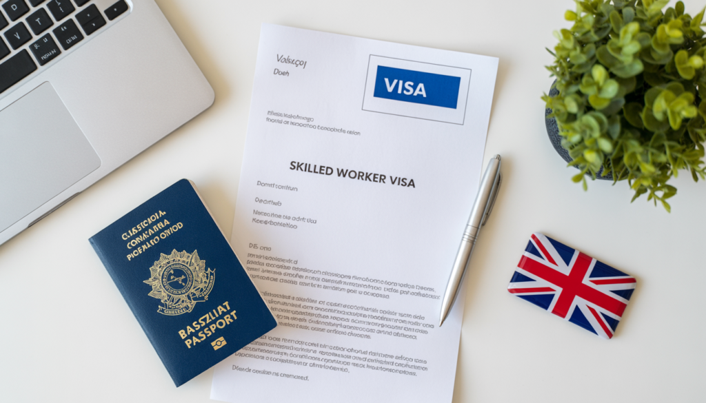 🇬🇧 Trabalhar na Inglaterra Sendo Brasileiro: Guia Completo 2026 (Visto, Salário e Oportunidades) Passaporte brasileiro ao lado de documentos do visto de trabalho Skilled Worker para a Inglaterra em 2026