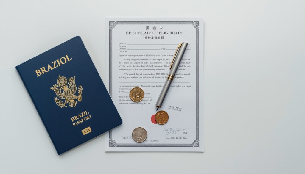 Passaporte brasileiro com visto japonês carimbado ao lado do Certificado de Elegibilidade e documentos de trabalho para o Japão