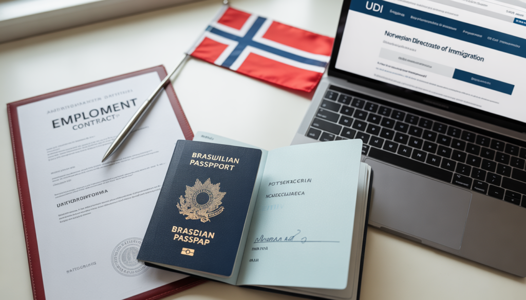 Documentos para visto de trabalho na Noruega sobre mesa: passaporte brasileiro, contrato de trabalho, diploma e formulário da UDI — processo completo para trabalhador qualificado brasileiro em 2026