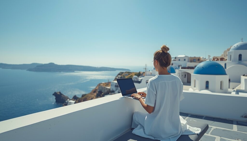 🇬🇷 Como Morar na Grécia em 2026: O Guia Definitivo para Brasileiros Como morar na Grecia Nômade digital trabalhando em um terraço com vista para o mar em Santorini, Grécia.