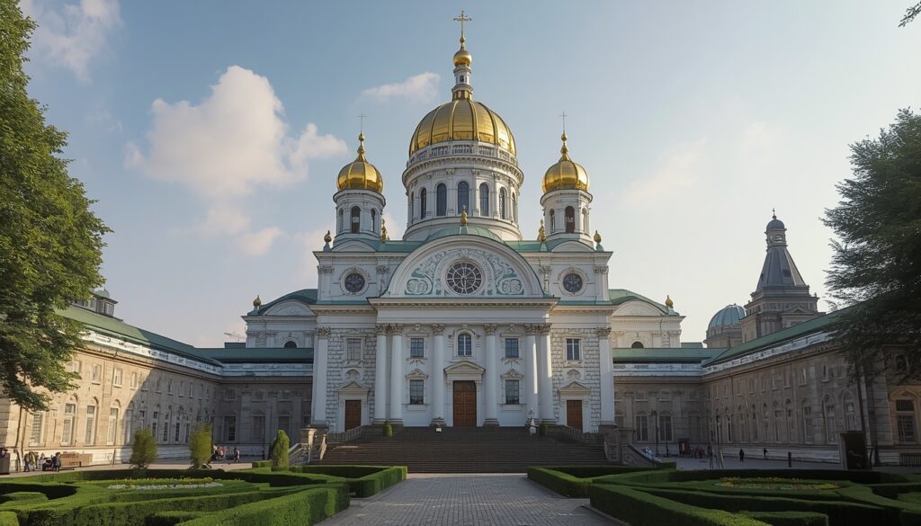 Catedral de Santa Sofia em Kiev com suas cúpulas douradas e jardins ao redor, patrimônio histórico da capital ucraniana onde ainda é possível morar na Ucrânia com precauções