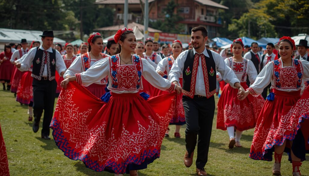 Celebração cultural ucraniana no Paraná com trajes típicos coloridos, representando a maior comunidade de descendentes ucranianos da América Latina que podem morar na Ucrânia pela dupla cidadania