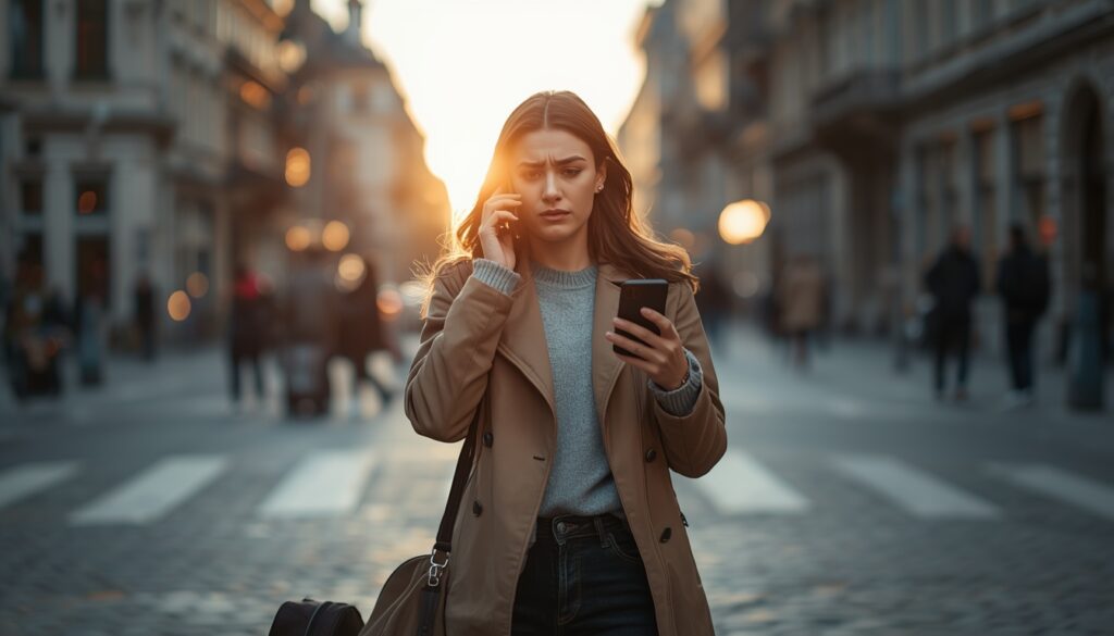 Pessoa usando celular para ligar para central de assistência de seguro viagem em emergência na Bélgica