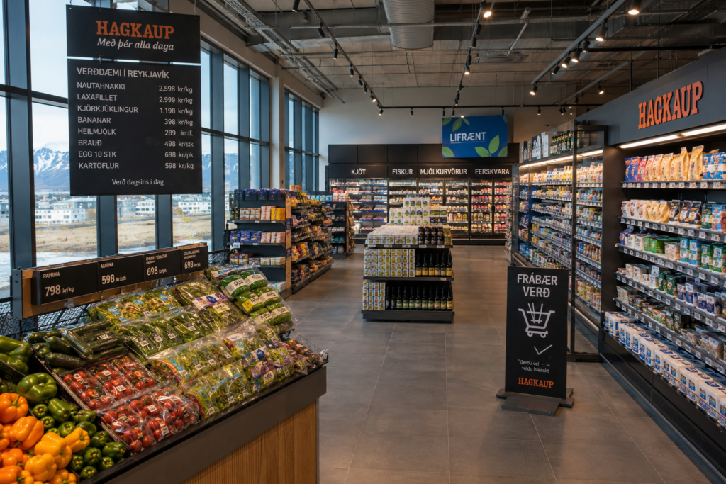 Supermercado em Reykjavik com preços em coroas islandesas, ilustrando o custo de vida e o salário na Islândia em 2026