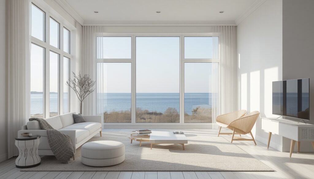 como morar na Finlândia Interior de apartamento moderno em Helsinque com janelas grandes e vista para o Golfo da Finlândia — custo de moradia para brasileiros em 2026
