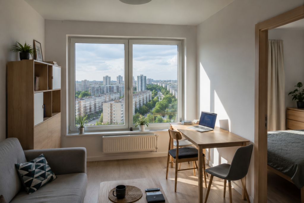 Apartamento moderno em Minsk com vista da cidade — custo de aluguel em Belarus em 2026 para brasileiros que querem morar no país