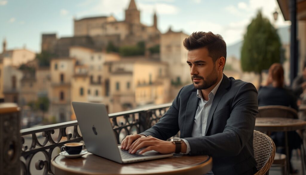 Profissional brasileiro trabalhando com laptop em café em San Marino — trabalho remoto e imigração digital no microestado europeu