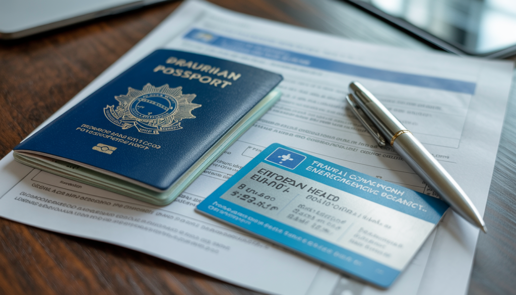 Apólice de seguro viagem internacional ao lado de passaporte brasileiro, documentos necessários para entrar em San Marino via Itália em 2026