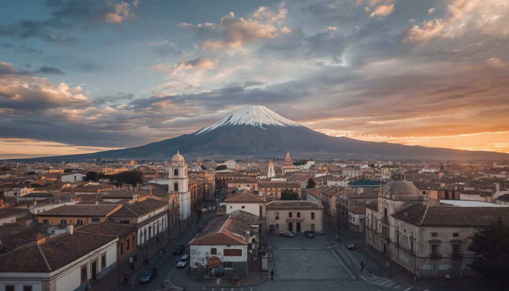 Vista panorâmica de Arequipa Peru com o vulcão Misti ao fundo e a arquitetura colonial em sillar branco, cidade alternativa para morar no Peru fora de Lima