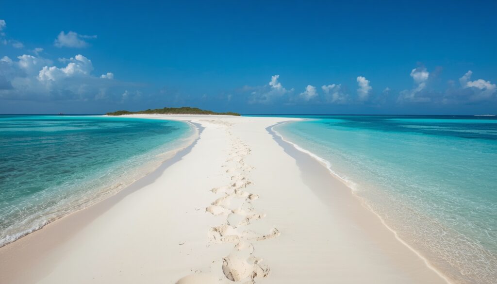 Praia deserta de areia branca e águas cristalinas em tons de azul-turquesa no arquipélago de Los Roques na Venezuela.