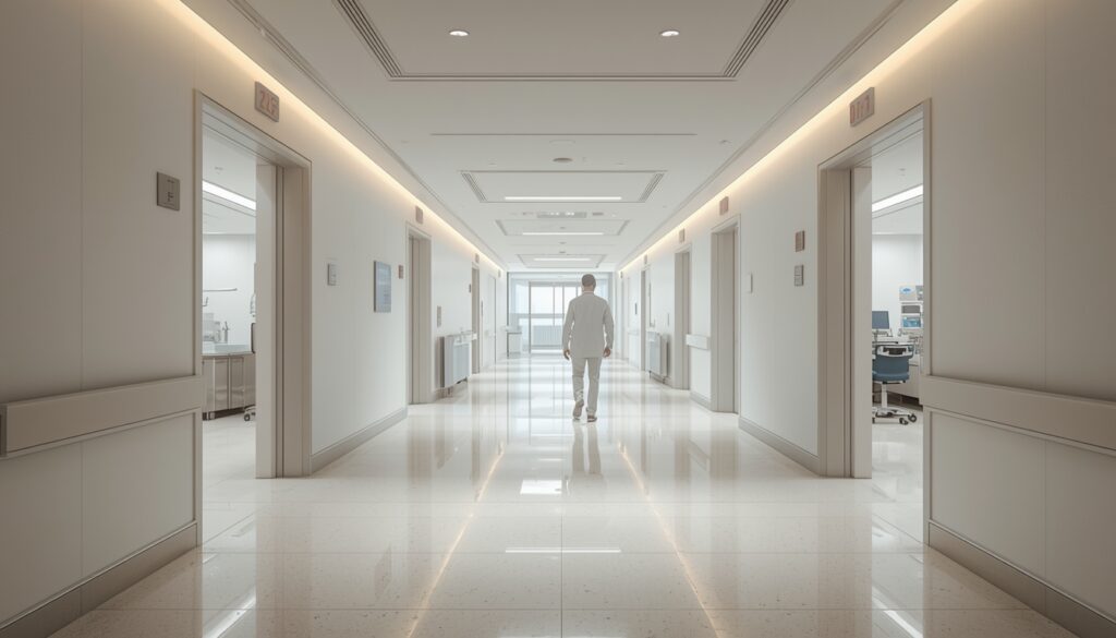Corredor interno moderno e limpo de hospital particular em Mônaco com profissionais de saúde em uniforme branco
