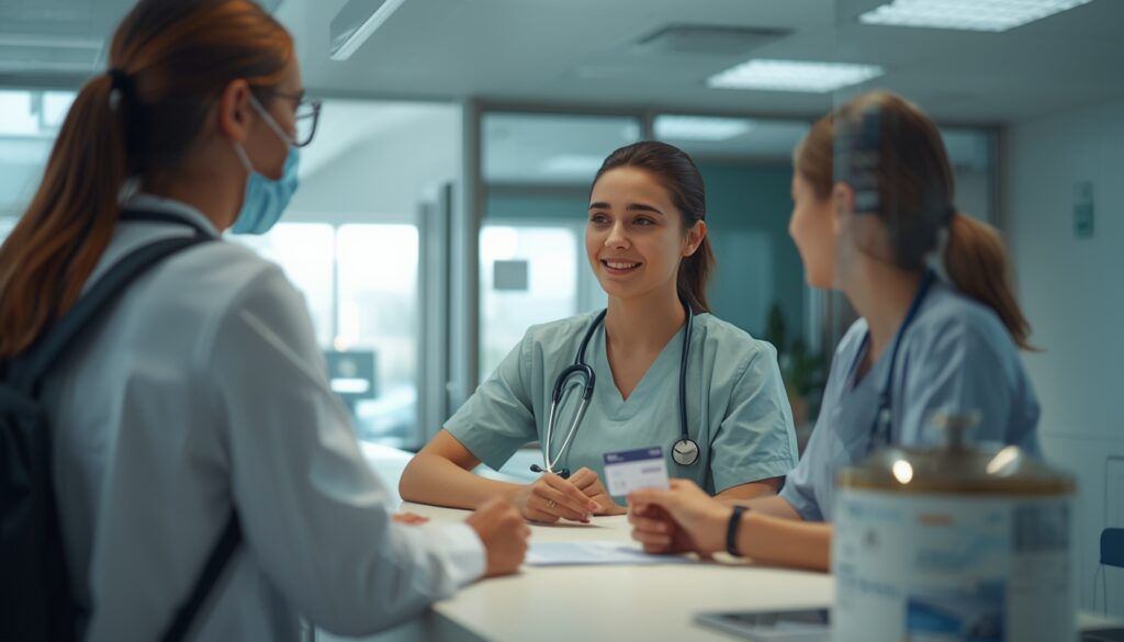 Viajante sendo atendida com calma por profissional de saúde tcheco em recepção de hospital moderno em Praga República Tcheca apresentando cartão de seguro viagem com expressão aliviada