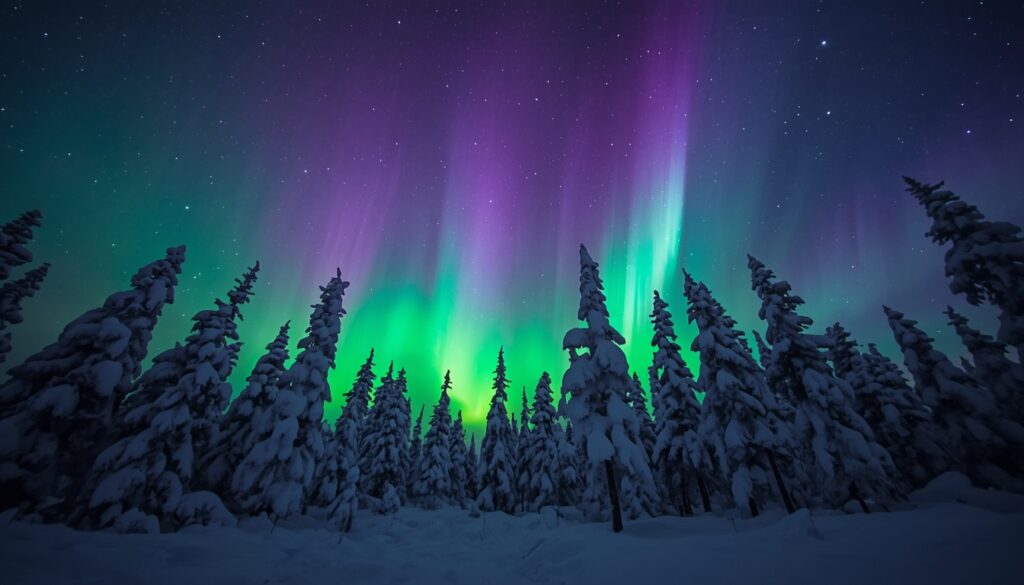 Aurora boreal de cor verde e roxa iluminando o céu noturno sobre a floresta nevada da Lapônia finlandesa, uma das experiências mais procuradas por quem viaja para a Finlândia em 2026